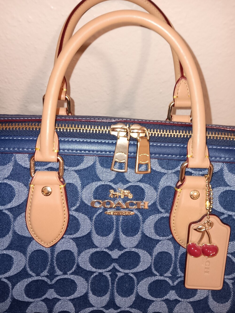 Coach Large Denim Rowan With Coach Poppy Small Wristlet With Gold Leather Trim - Picture 3 of 16